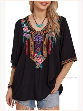 Plus Size Embroidered Peasant Blouse, Loose Fit Boho Short Sleeve Top